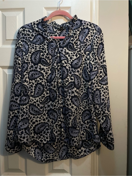 Express Tops - Express Blue and White Paisley Long-Sleeve Blouse
